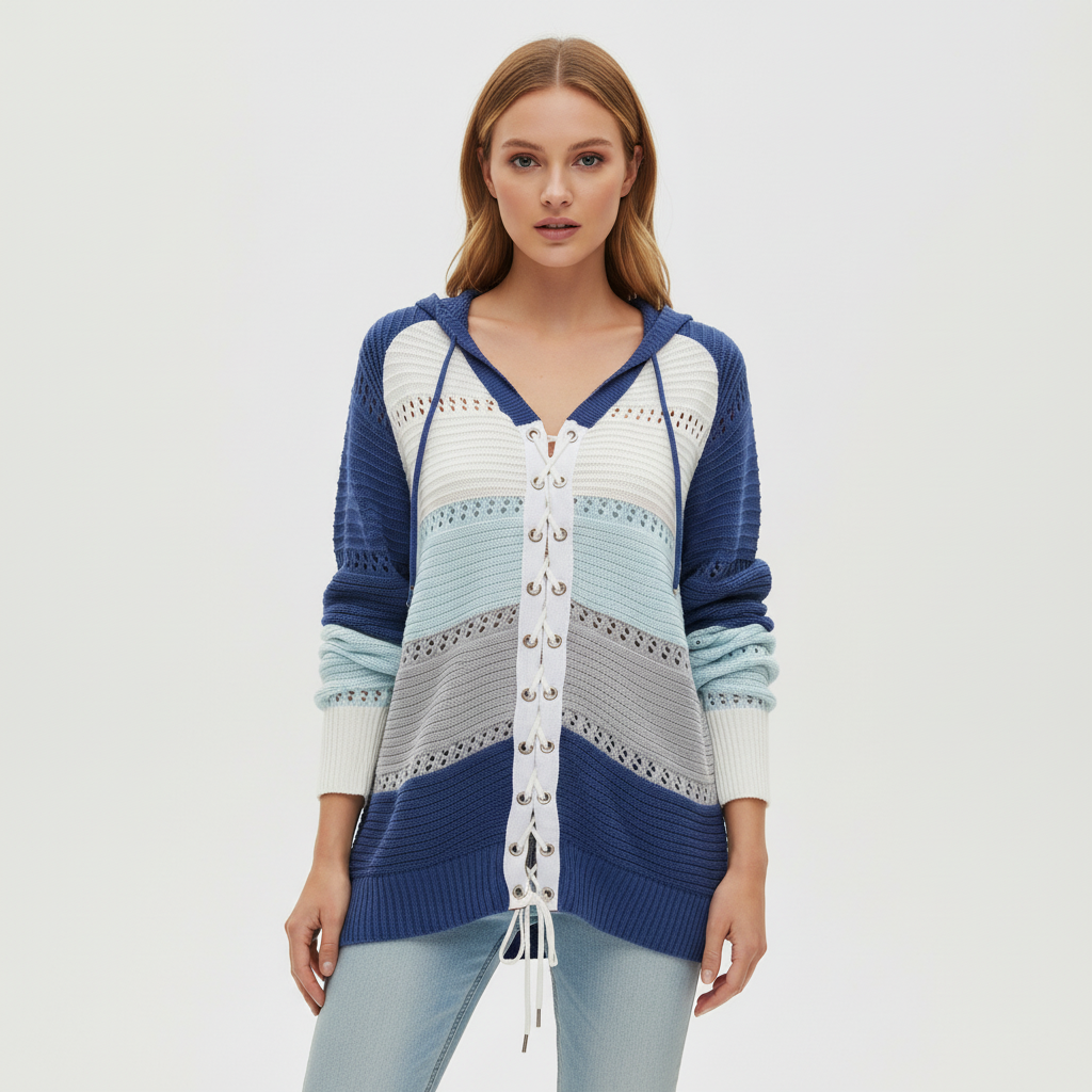Warm women's casual sweater, long-sleeved with striped patchwork and an eye-catching lace-up detail