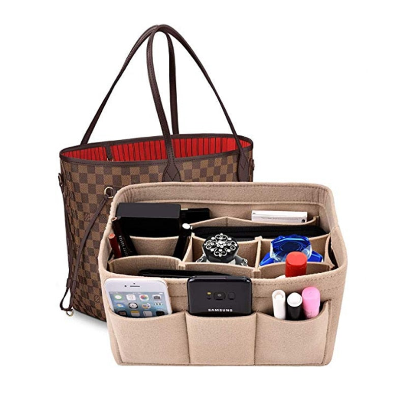 Women's pink felt handbag organizer insert with multiple pockets for daily essentials and makeup storage