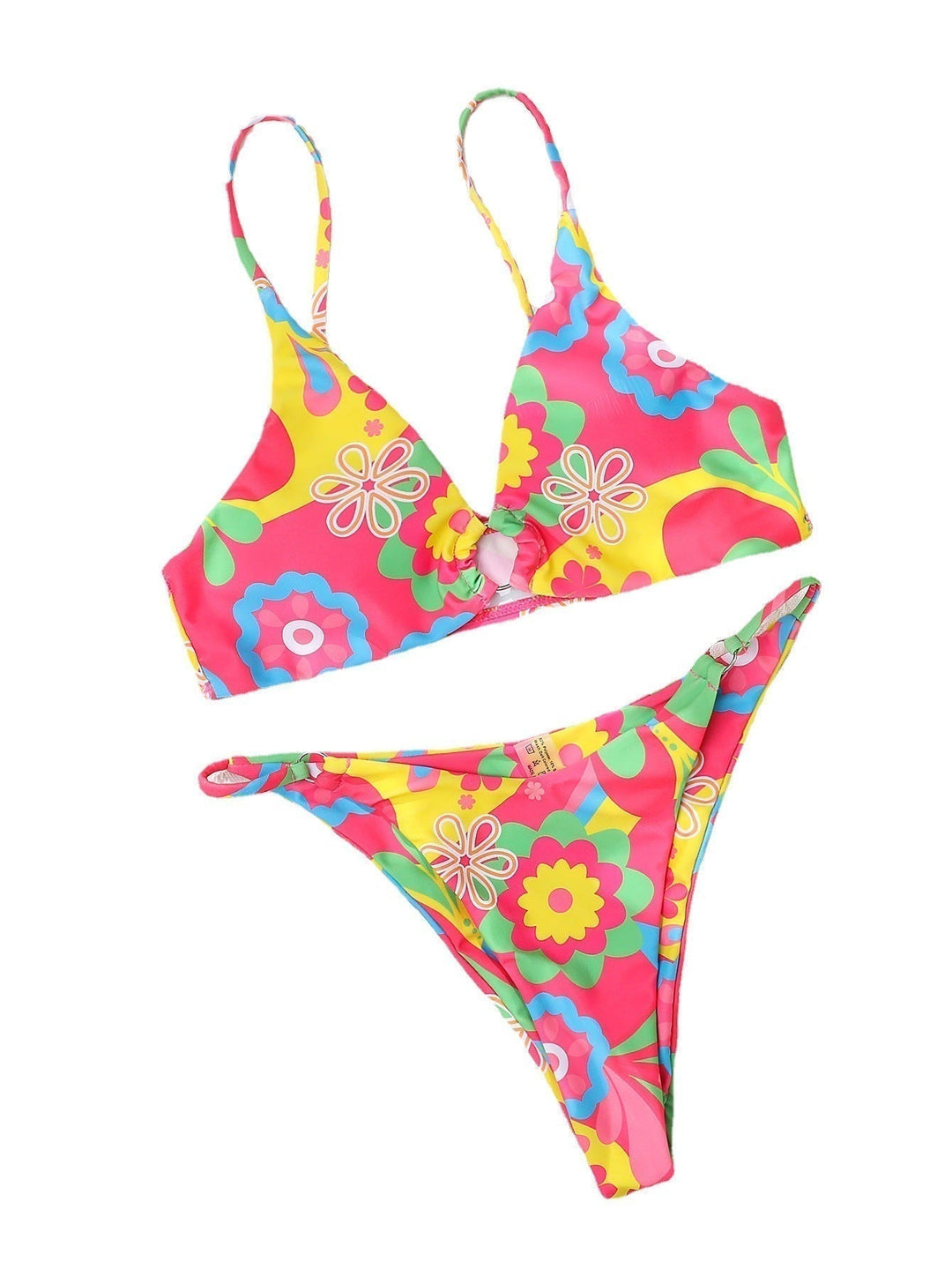 Two-piece pink floral print bikini set for women, comfortable and adjustable, great for sunbathing & swimming.