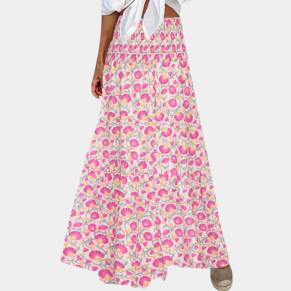 Women's pink flowy midi skirt, loose fit, perfect for summer casual wear and beach vacations.