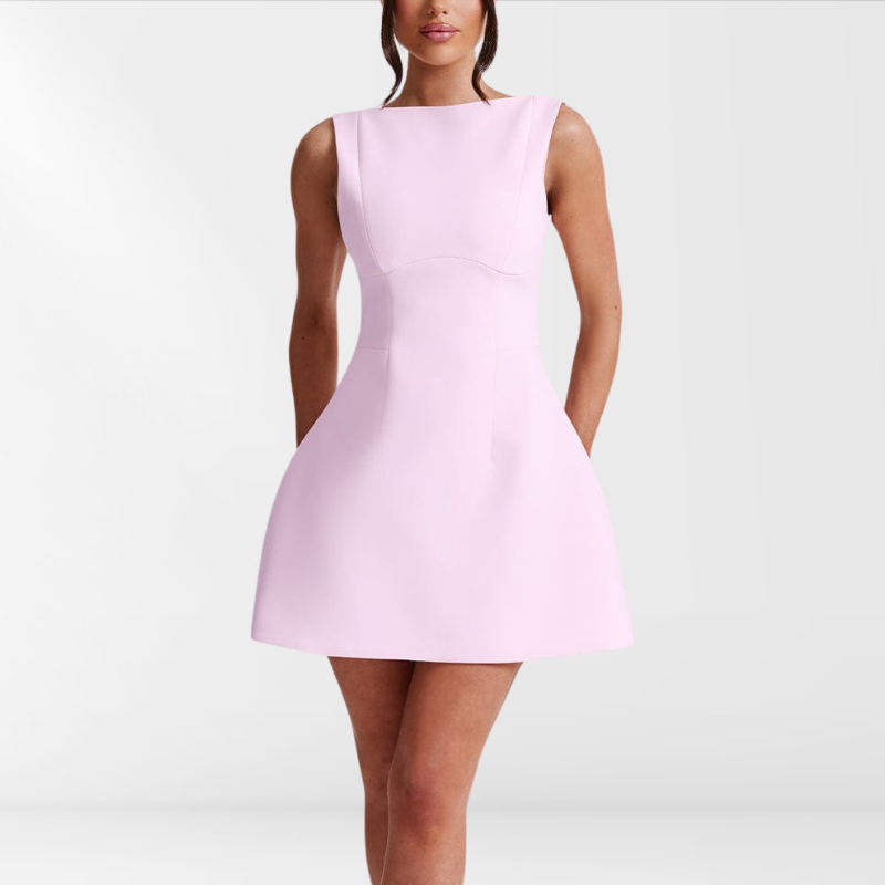 Women's pink halter neck sleeveless mini summer dress, ideal for parties, casual outings, or vacation wear.