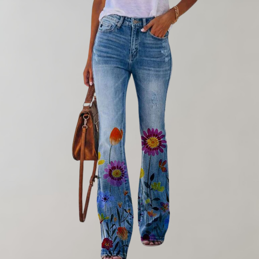 Women's pink high-waist flared jeans with stylish button detail, perfect for trendy casual wear. Fashion bottoms.