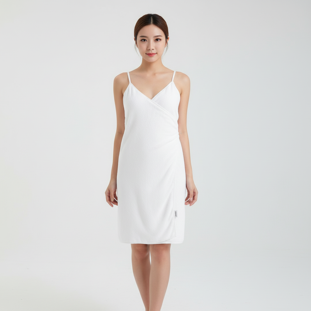 Detailed view of the soft touch fabric of a women's microfiber bath wrap dress, highly absorbent
