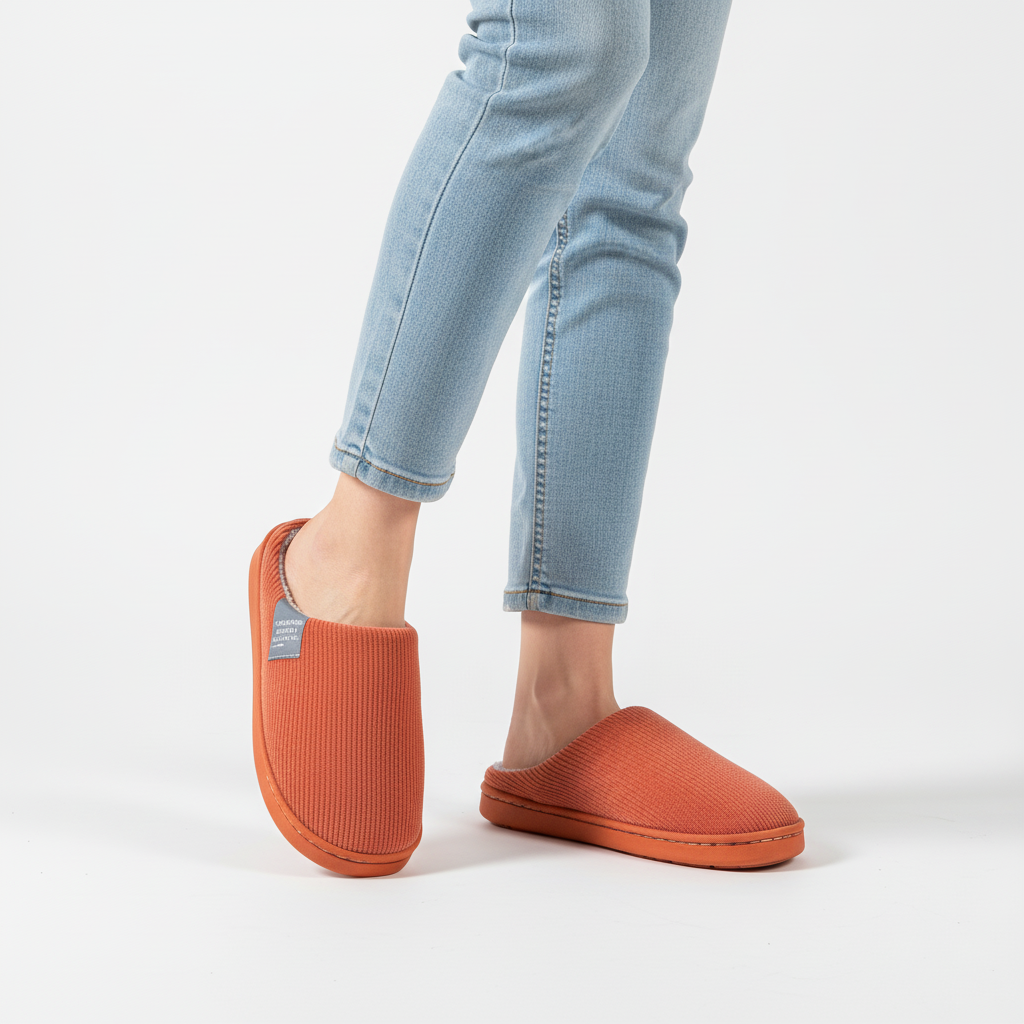 Indoor women's non-slip ribbed slippers with a warm lining, offering comfort and stability.