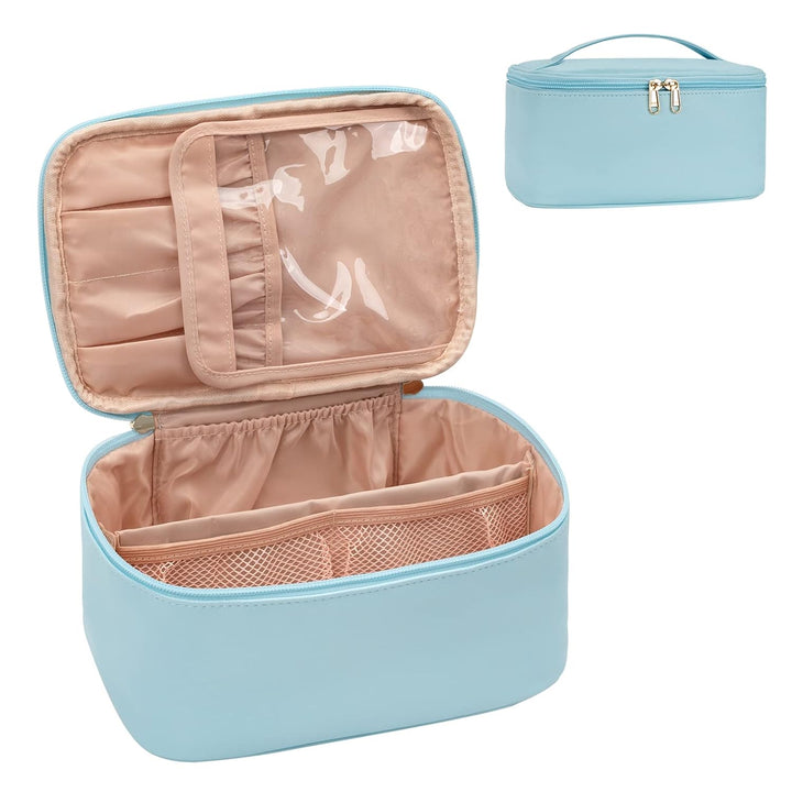 Waterproof women's travel makeup bag in blue, protecting cosmetics from spills