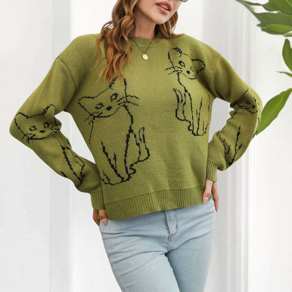 Cute cat print women's pullover sweater, a comfortable long sleeve graphic top for casual wear.
