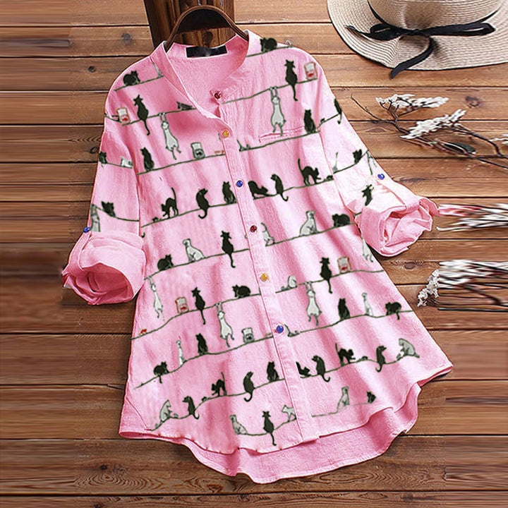 Women's playful cat print blouse, long sleeve, button-down. Stylish casual & office wear top.