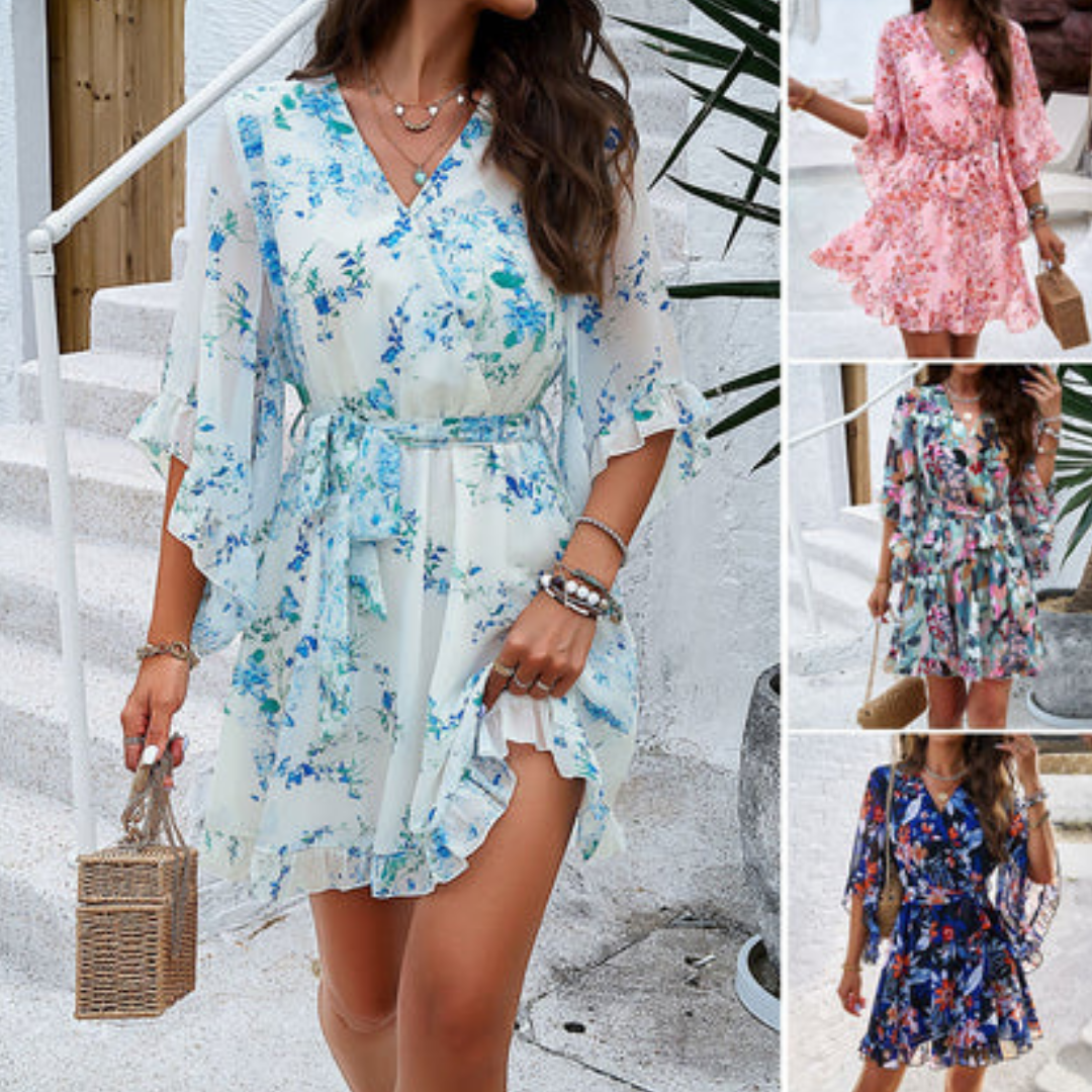 Women's playful floral mini dress with stylish bell sleeves, perfect for summer casual or party wear.