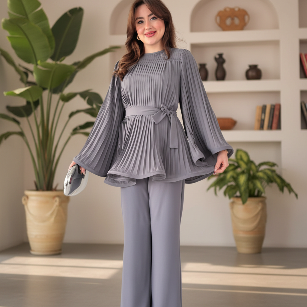 Women's pleated blouse and wide leg pants lounge set, dusty rose, comfortable.