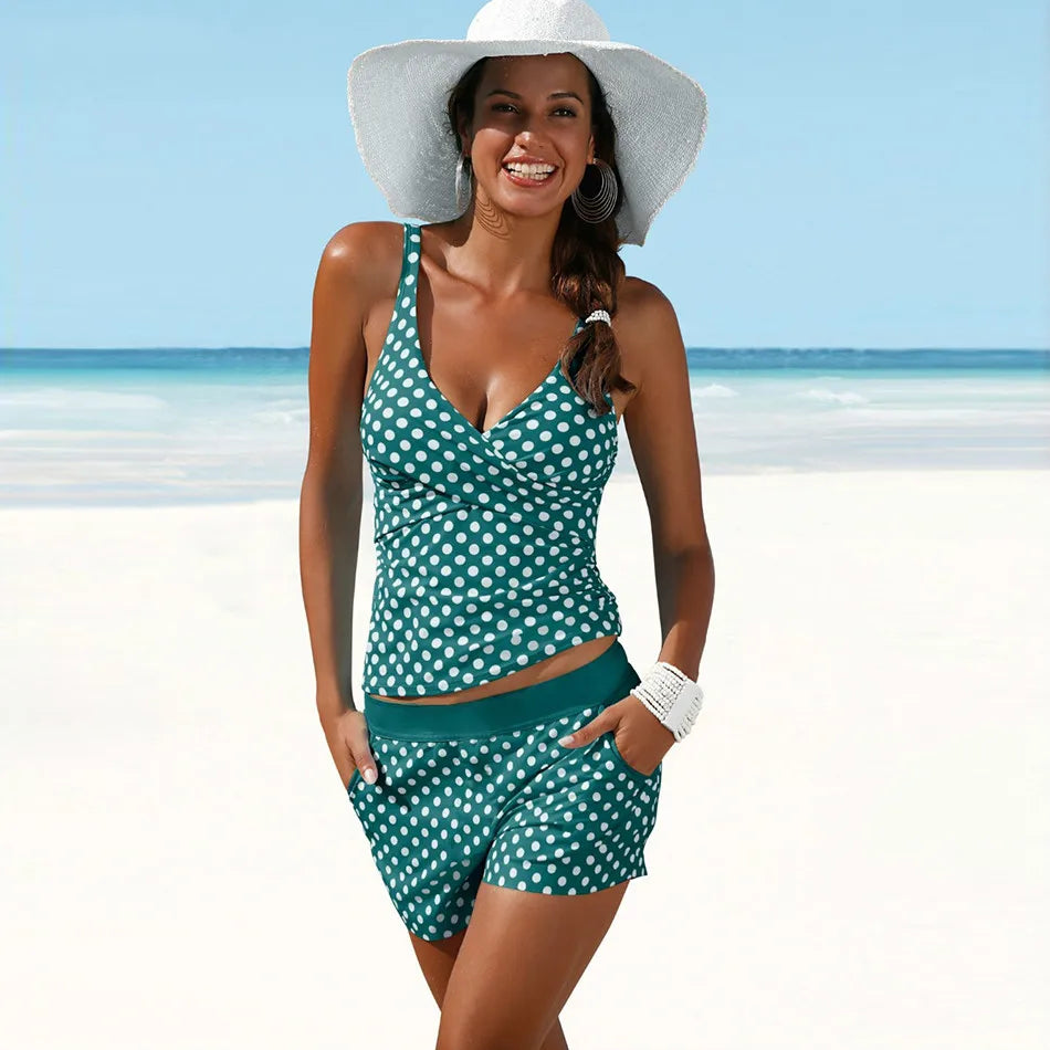 Women's polka dot push-up tankini swimsuit set by Mireille for flattering summer beachwear