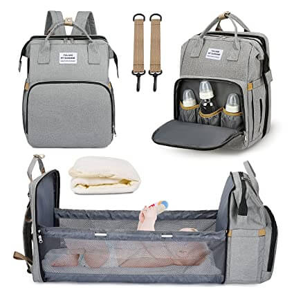 Modern mom's essential: a portable baby bed, nappy bag, and travel backpack in one.