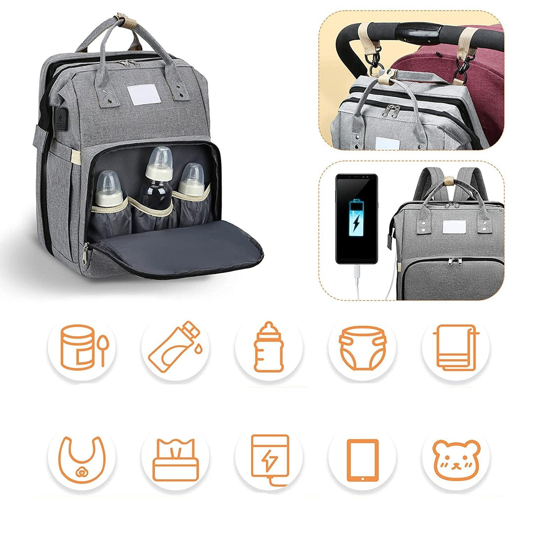 Convertible baby travel backpack, transforms into a comfortable portable infant bed.