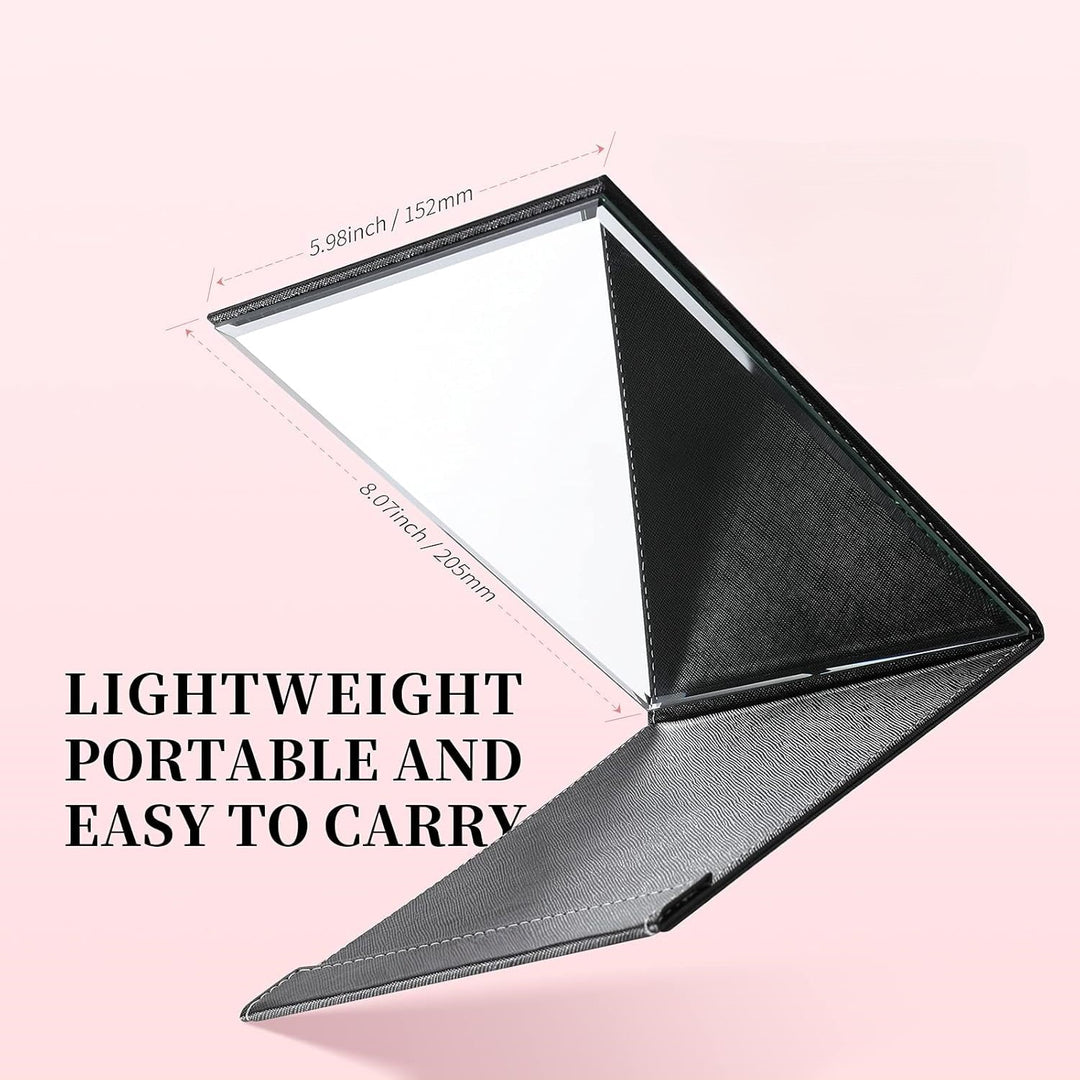 Portable women's compact makeup mirror, features an adjustable stand, perfect for travel & cosmetic use.