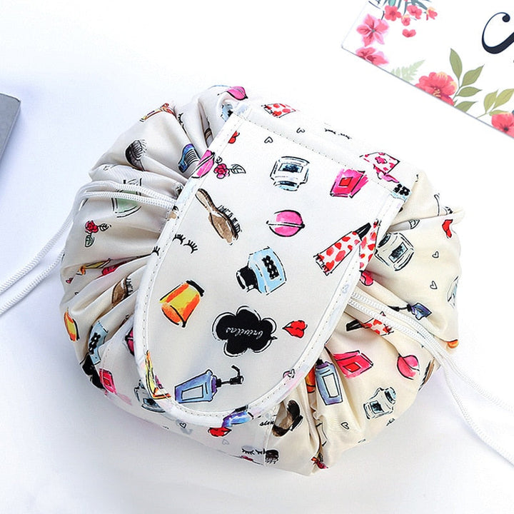 Waterproof drawstring toiletry bag for women. Compact travel organizer, keeps cosmetics safe.