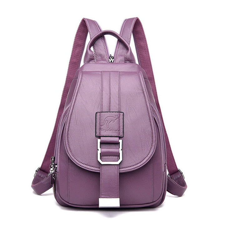 Spacious interior of a women's water-resistant leather backpack, organized for essentials.
