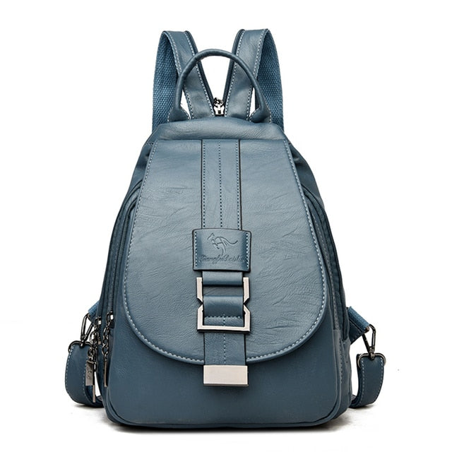 Women's premium water-resistant leather backpack sitting on a park bench, ready for adventure.