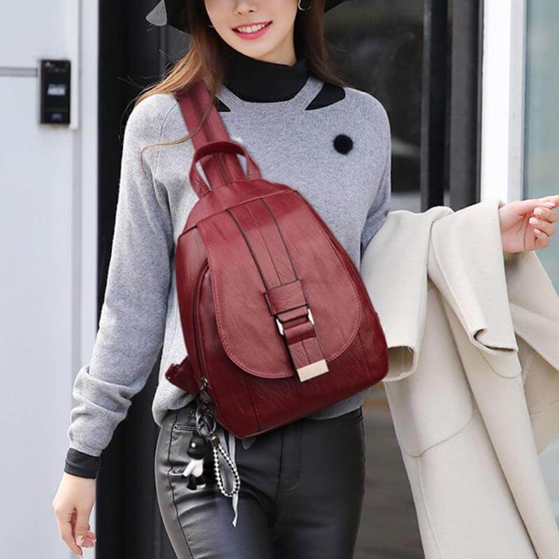 Women's fashion accessory: sophisticated water-resistant sheepskin leather backpack for all occasions.