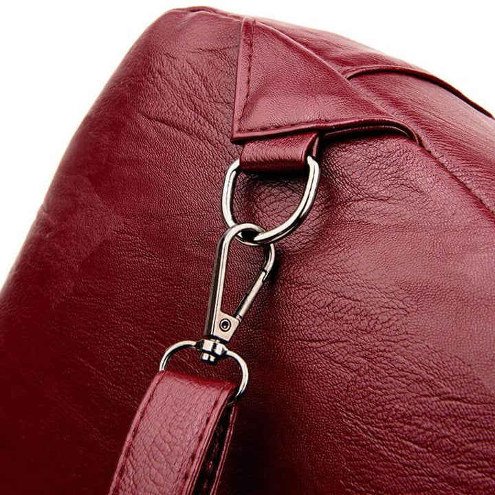 Fashion accessory: women's premium water-resistant sheepskin leather backpack worn casually.