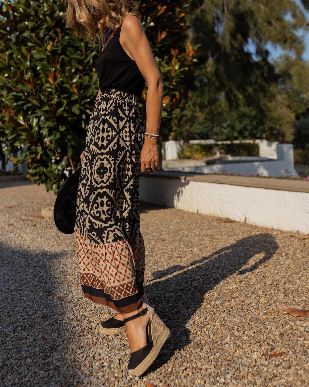 Boho chic women's skirt, printed, maxi length, and beautiful flowing fringe detail.