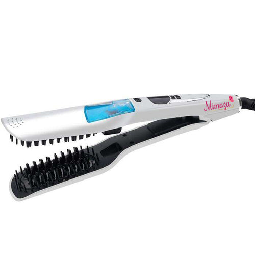 Women's professional steam hair straightener with ceramic plates, digital display for healthy, anti-frizz styling.