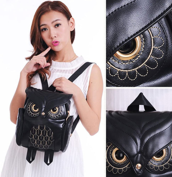 Cute women's PU leather owl backpack, multi-pocket design, perfect casual daypack.