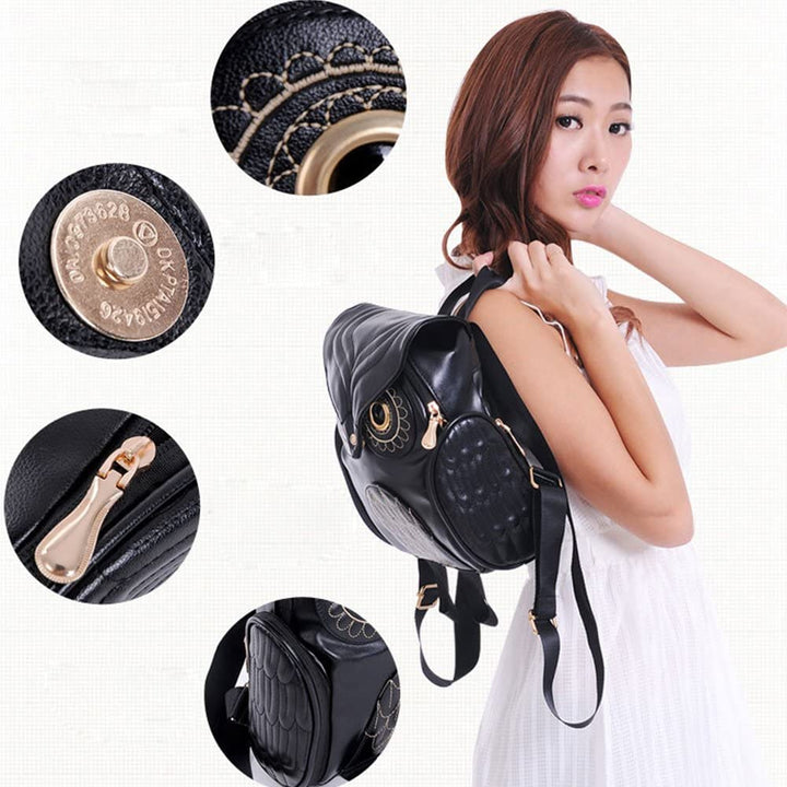 Fashionable PU leather owl print daypack for women, featuring a practical multi-pocket design.