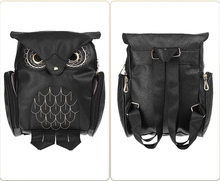 Durable PU leather women's owl print backpack, ideal as a daypack or travel bag.