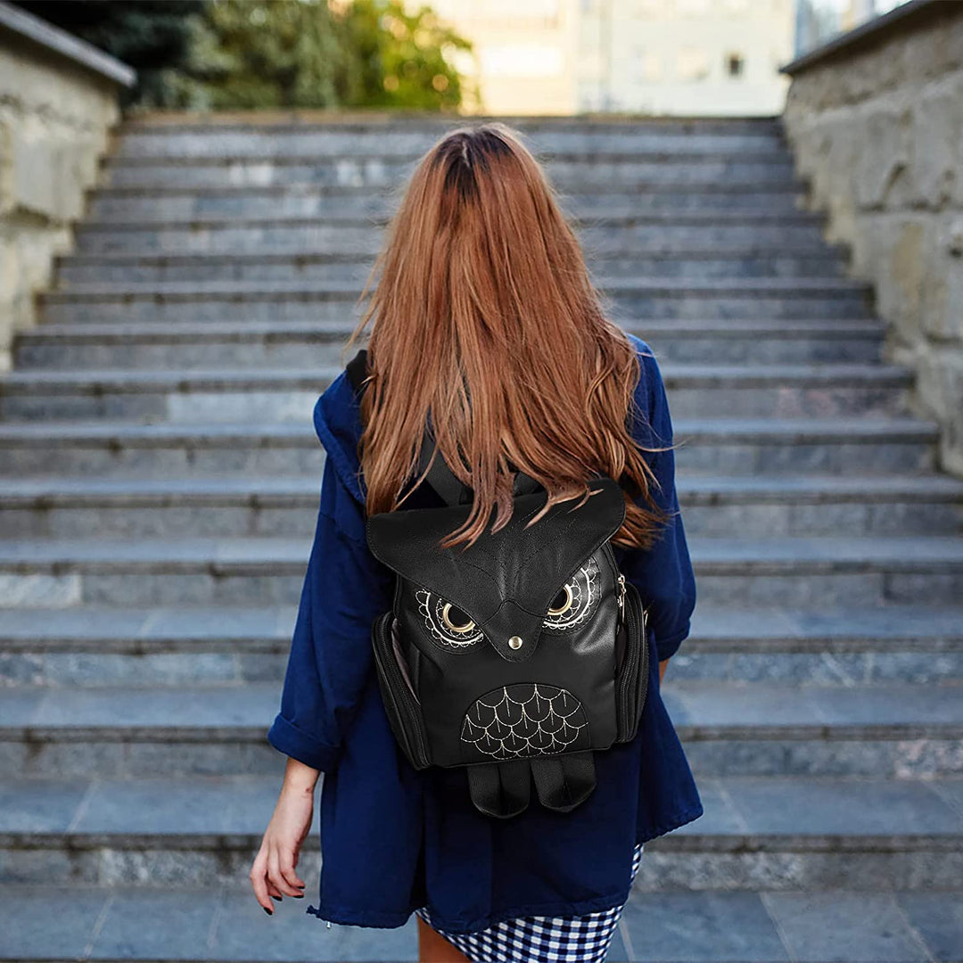 Elegant PU leather owl print fashion backpack for women, spacious multi-pocket interior.