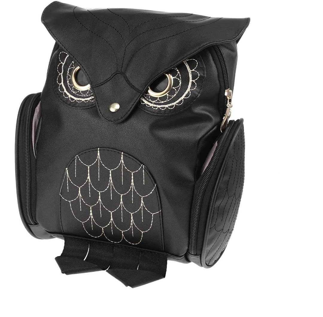 Front view of a charming women's PU leather owl backpack, highlighting its multi-pocket design.