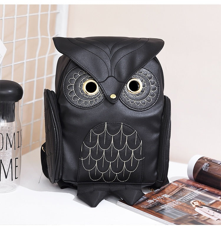 Women's PU leather owl print backpack with multiple pockets, ideal for daily use