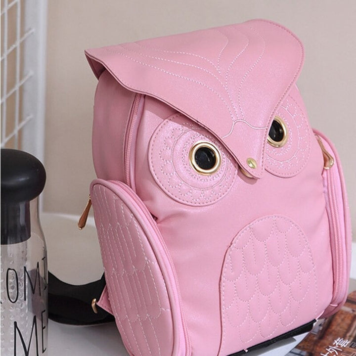 Multi-pocket PU leather backpack for women, showcasing an adorable owl animal print