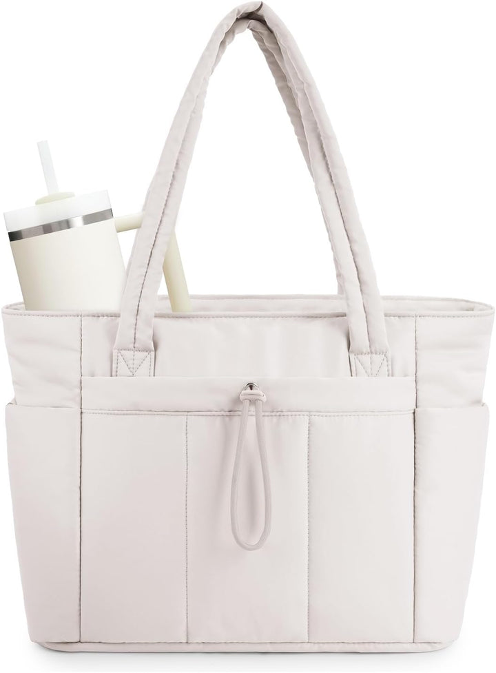 Women's quilted puffer tote bag with laptop sleeve, perfect for travel & work
