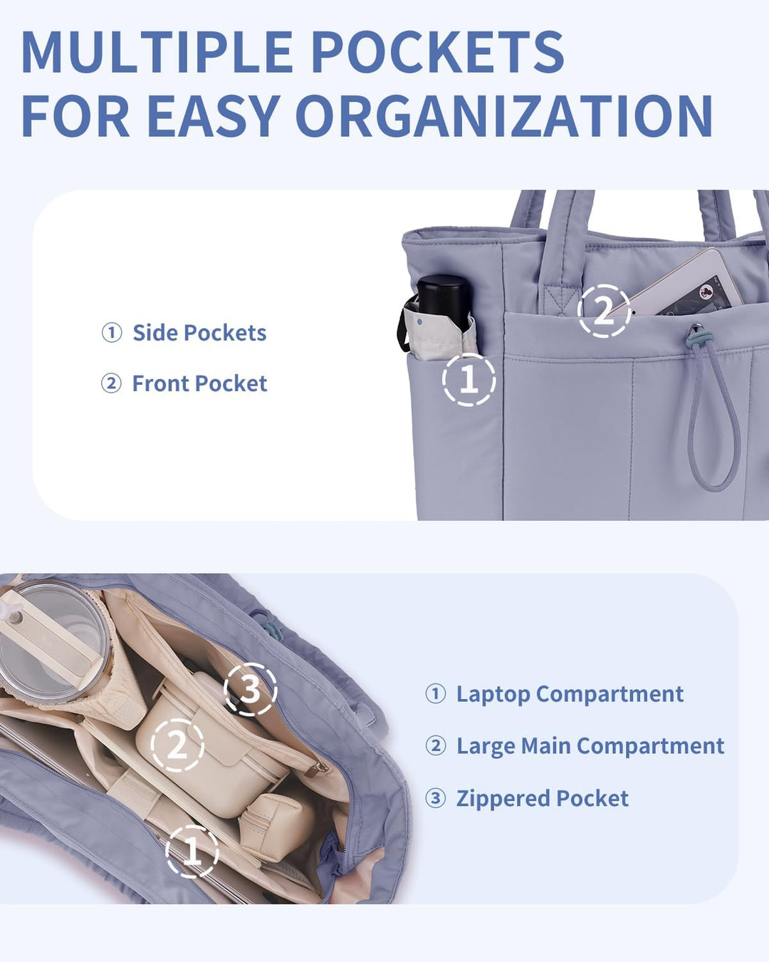 Women's laptop-friendly puffer tote bag, quilted for style & featuring a cup holder.