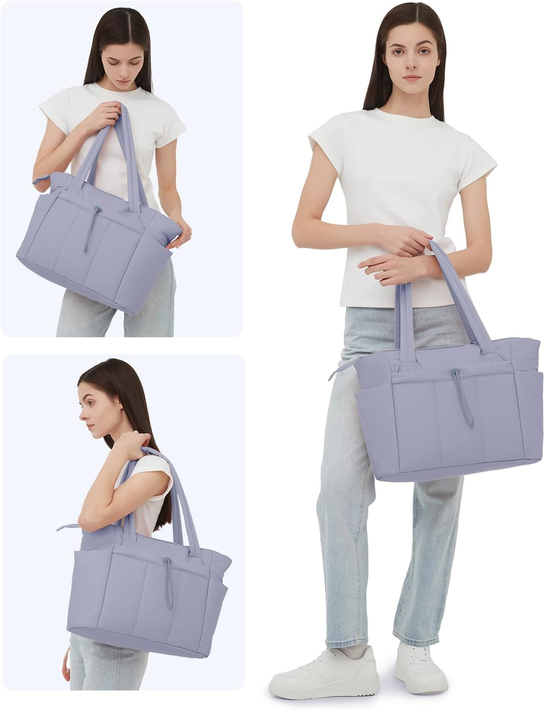 Front view of the women's puffer tote, emphasizing its sleek, modern aesthetic