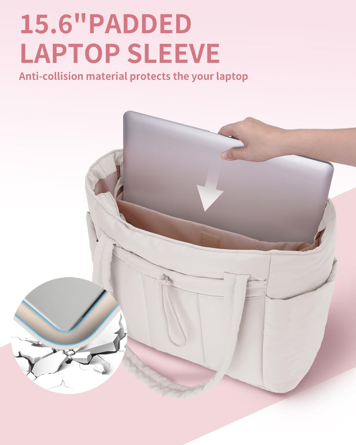 Women's stylish quilted puffer travel tote with laptop sleeve, cup holder & luggage strap.