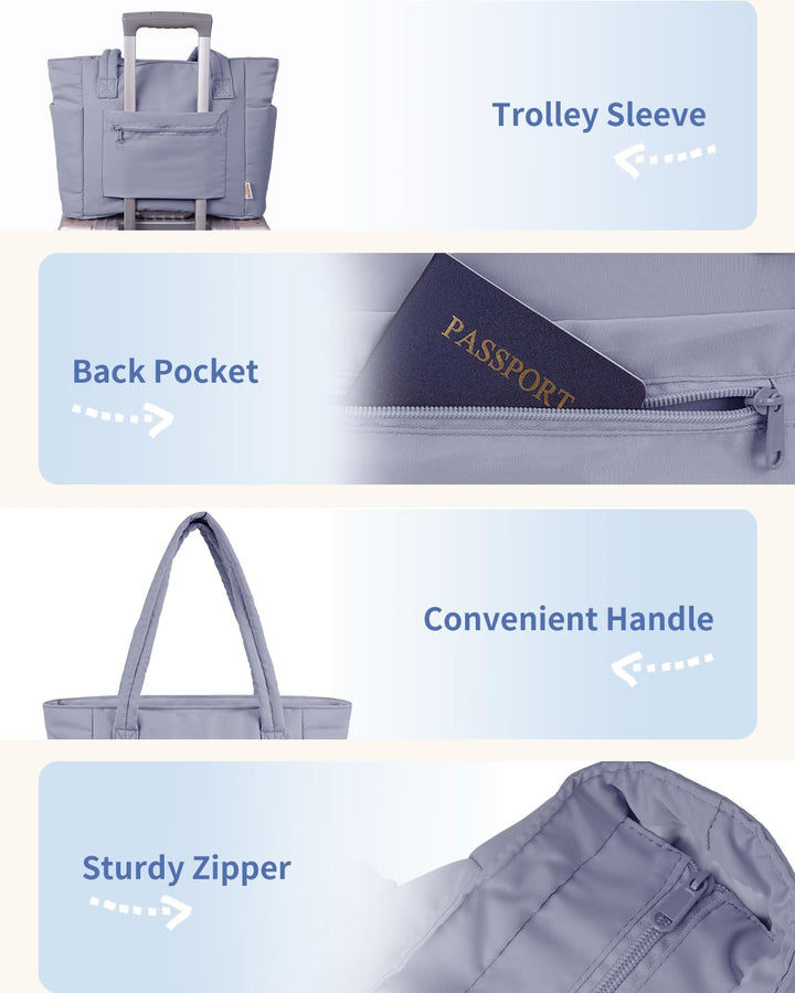 Trendy women's quilted shoulder bag, puffer material with laptop sleeve & bottle holder.