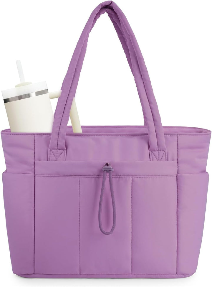 Women's multi-functional quilted puffer tote, ideal for organization with laptop & cup slot.