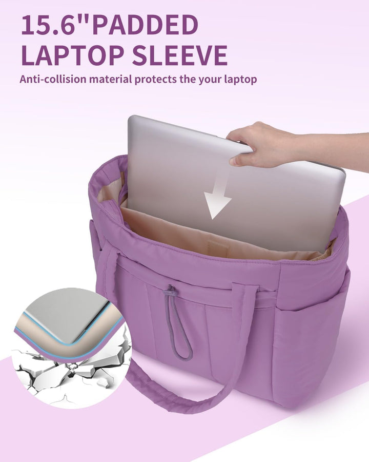 Women's practical puffer tote, quilted design, laptop sleeve, cup holder & multi-pockets.