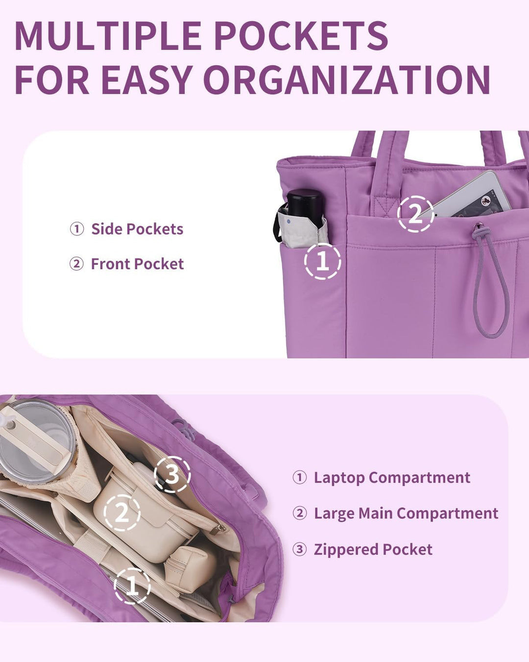 Women's work-to-weekend puffer tote, quilted style, laptop sleeve & dedicated cup holder.