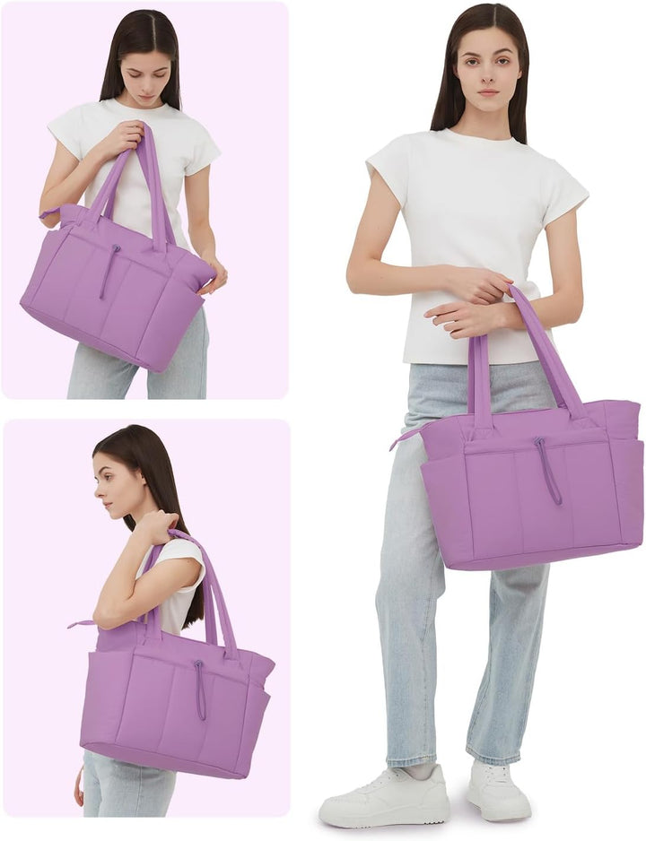 Lightweight women's quilted puffer shoulder bag, ideal for laptop, cup holder & travel.