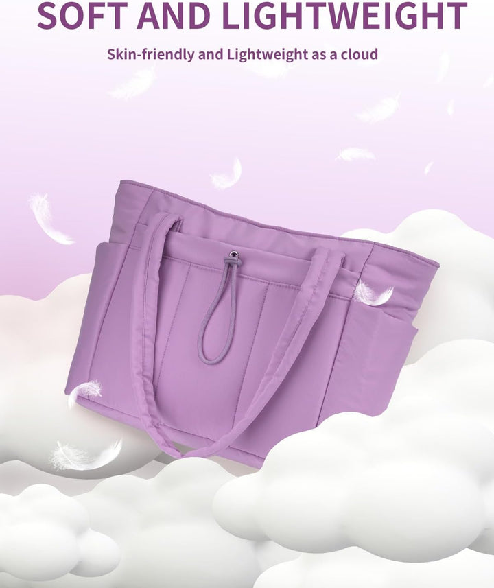 Ergonomic shoulder straps on the women's quilted puffer tote for comfort
