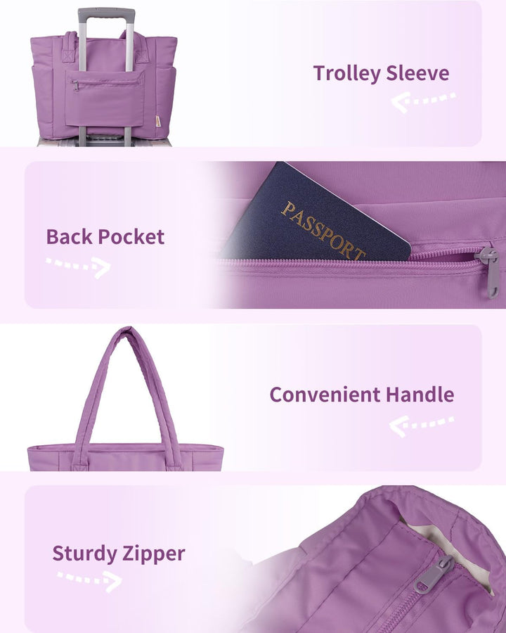 Quilted tote bag with a secure top zipper to keep belongings safe on the go