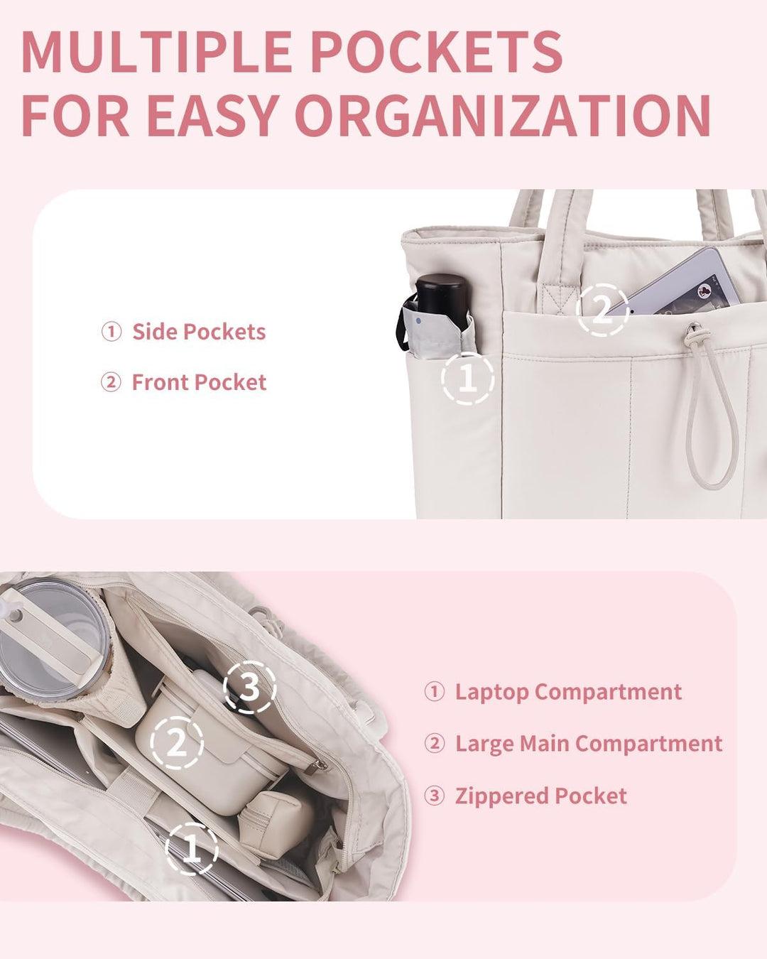 Large zippered pocket on the front of the quilted puffer tote bag for quick access
