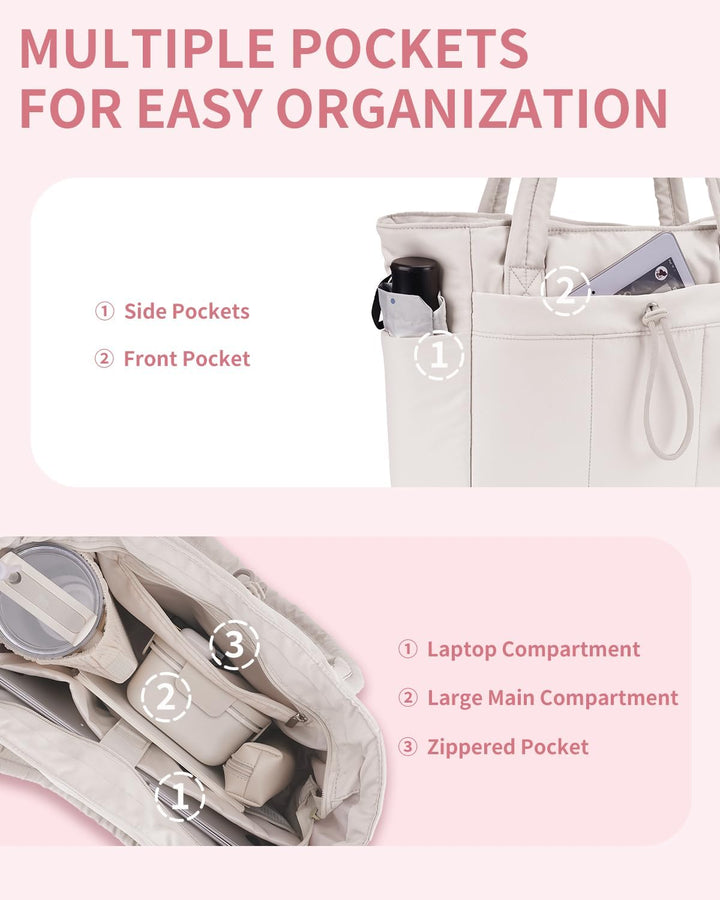 Large zippered pocket on the front of the quilted puffer tote bag for quick access