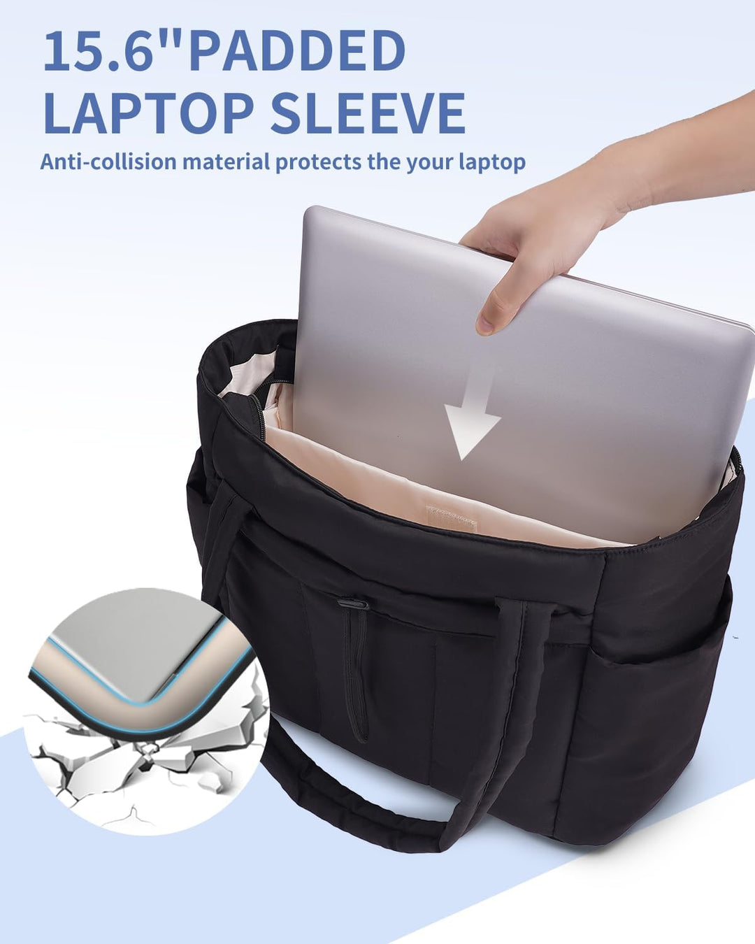 Women's everyday carry quilted puffer tote, laptop sleeve, cup holder & spacious interior.