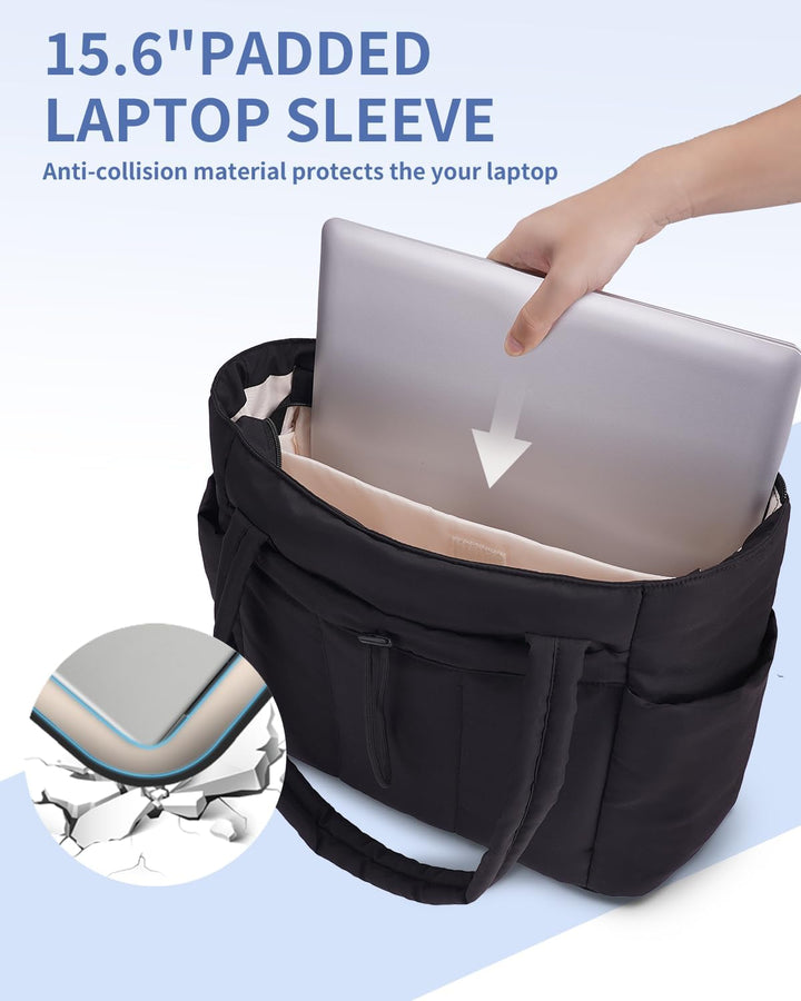 Women's everyday carry quilted puffer tote, laptop sleeve, cup holder & spacious interior.