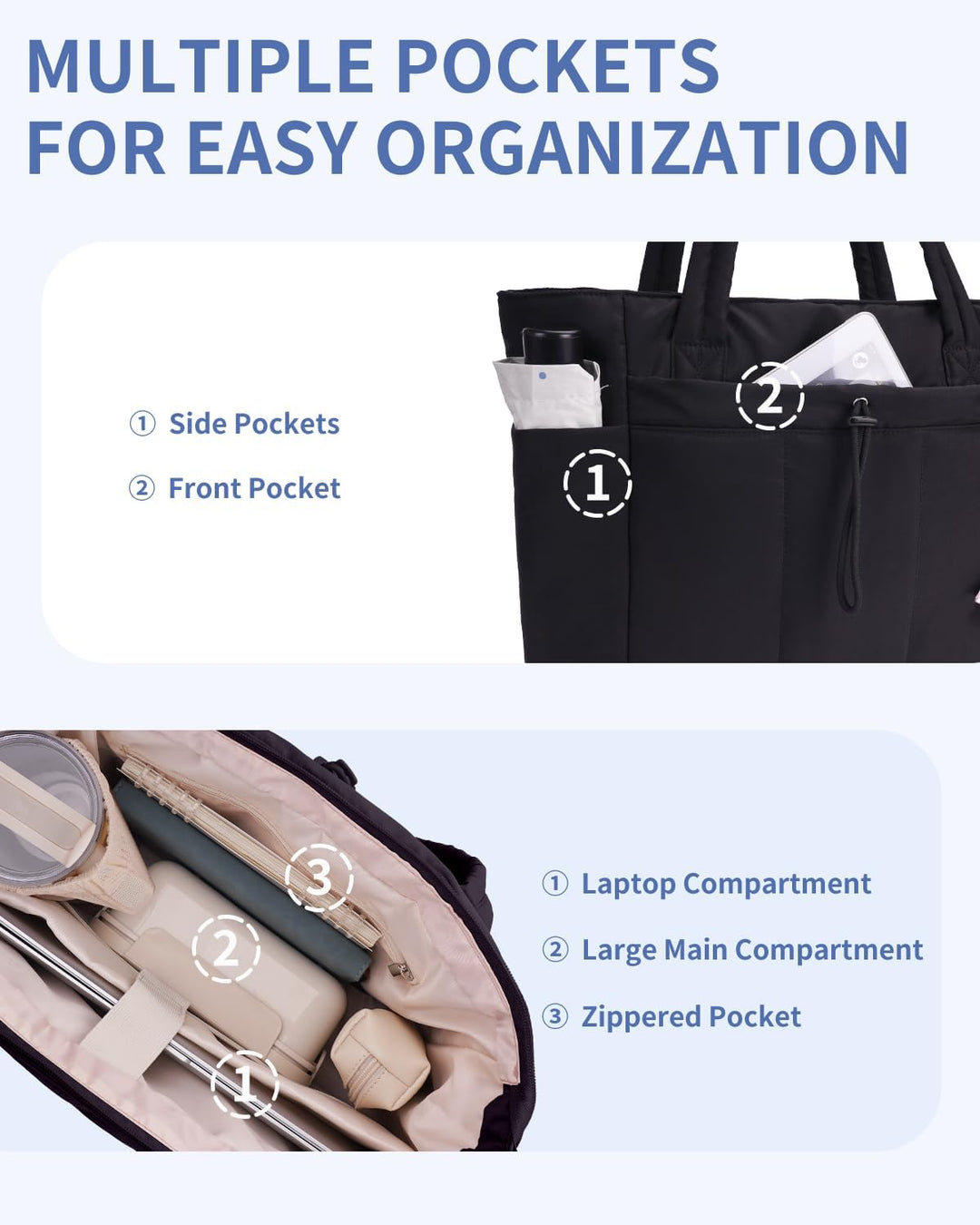 Interior organizational pockets in the women's quilted tote for small items