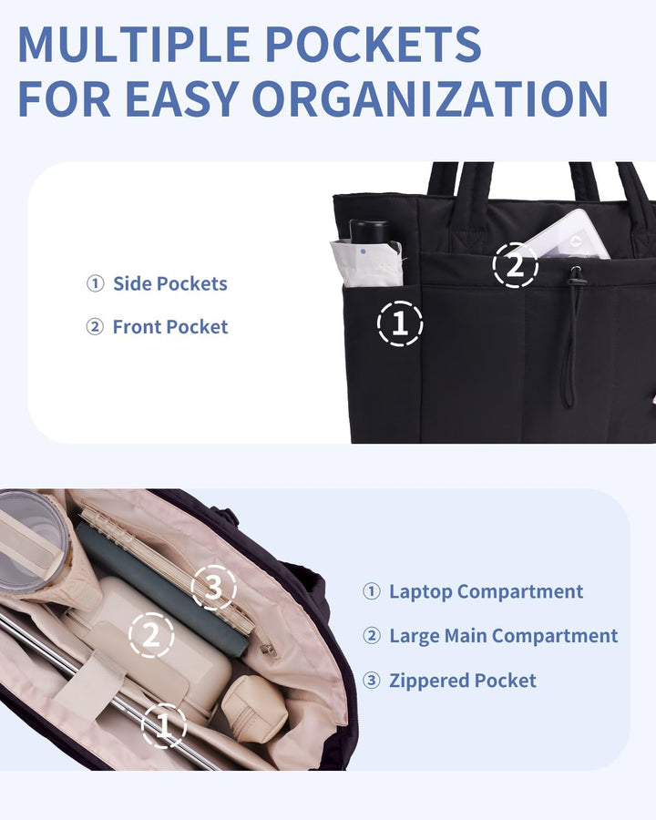 Interior organizational pockets in the women's quilted tote for small items