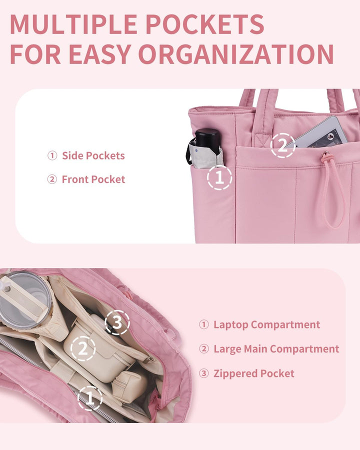 Quilted tote bag with a padded grab handle in addition to shoulder straps