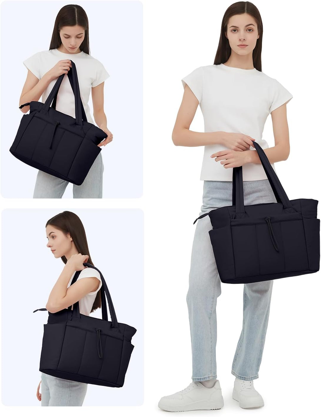 Women's functional quilted puffer laptop tote, a stylish bag with cup holder & organization.